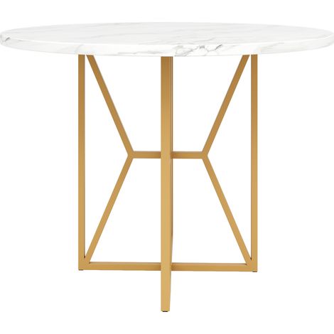 Mesa de comedor redonda de 80 x 80 x 76 cm, tablero de MDF efecto mármol y patas metálicas doradas (1/5)