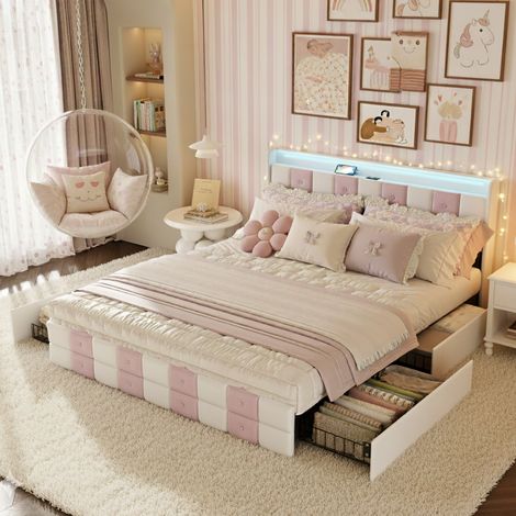 Lit Adulte 140x190 cm, avec 4 Tiroirs de Rangement, LED Ajustable, Ports USB et Sommier à Lattes, Velours, Lit Double à Motif Carreaux - Rose