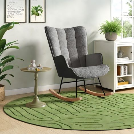 Rocking chair Confortable en Tissu, avec accoudoirs et Dossier Capitonné, pieds en bois massif, Fauteuil à Bascule, Scandinave, Gris (1/5)