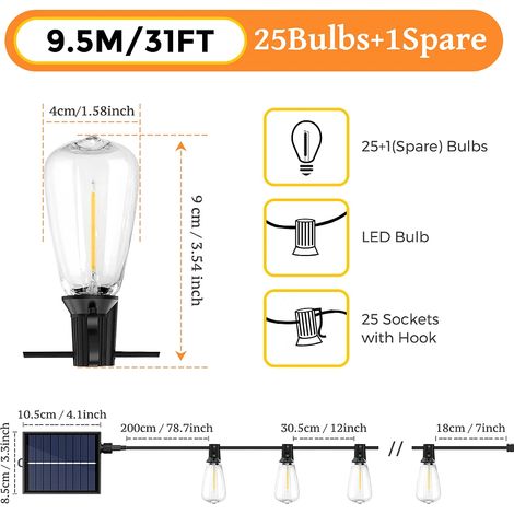 (9,5 m, 25 ampoules) Guirlande lumineuse solaire d'extérieur, avec télécommande, étanche à l'eau et à la poussière IP65, adaptée aux jardins. (1/5)