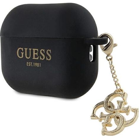 Coque Guess GUAP2LECG4K pour AirPods Pro 2 (2022/2023) noire/noire en silicone liquide pailleté avec breloque triangulaire (1/3)