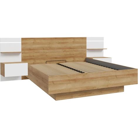 Pack lit 160x200 cm décor chêne + 2 chevets bicolores et LED – ILLYA