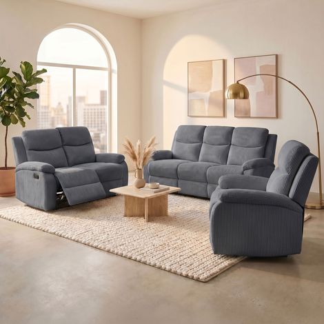 Ensemble 2 canapés + fauteuil relax manuel en velours gris - ZOLARA (1/5)