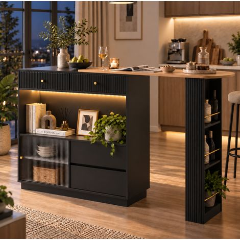 Drehbare Bar 183x30x100 cm aus Spanplatte, schwarz, mit LED und Stauraum – MEUBLIV (1/5)