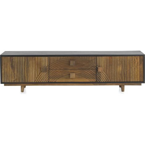 Meuble TV en bois de manguier naturel/noir, 2 portes, 2 tiroirs (1/5)