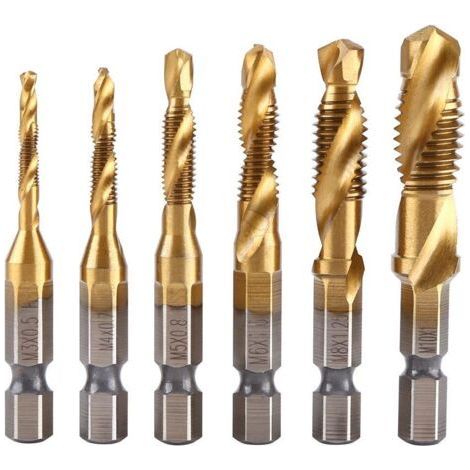 Lot de 6 tarauds hélicoïdaux métriques en acier rapide avec revêtement en titane M3 M4 M5 M6 M8 M10,enduit de titan, métrique HSS, bureau hexagonal, forage de fil, ensemble d'outils (1/5)