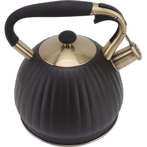 Bouilloire de 3,5 litres avec sifflet, en acier inoxydable, en forme de citrouille, noire, compatible avec les cuisinières à gaz. (1/5)