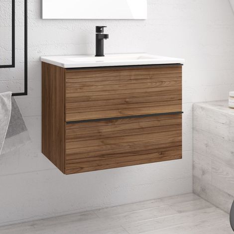 Armoire de toilette murale 80 cm avec 2 commodes en noyer strié - Elius (1/2)