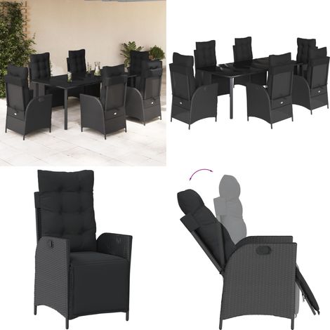 Set da Pranzo da Giardino 7 pz Nero con Cuscini in Polyrattan - Sedie da giardino reclinabili - Tavolo da giardino