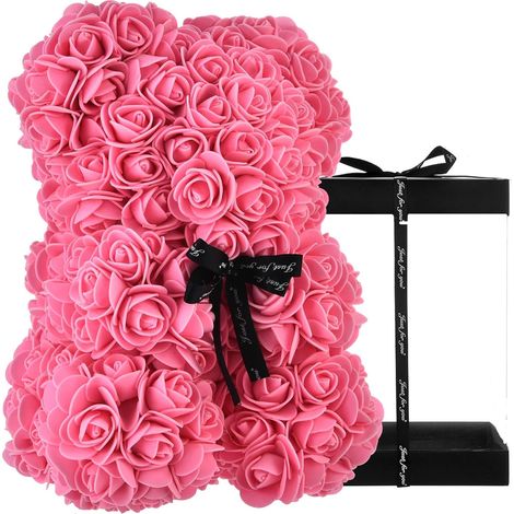 Ours En Roses - Ours Peluche Rose 25 Cm - Cadeau Saint Valentin Anniversaire - Boîte Transparente Bordeaux - 1 Pièce (1/5)