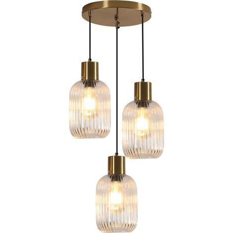 Goeco – Lustre rétro en verre transparent 3 lumières – Abat-jour en verre ambré rayé – Suspension réglable pour cuisine – Éclairage moderne (1/5)