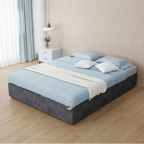 Lit plateforme design gris en tissu effet velours avec structure métal stable – 140 x 200 cm (1/5)