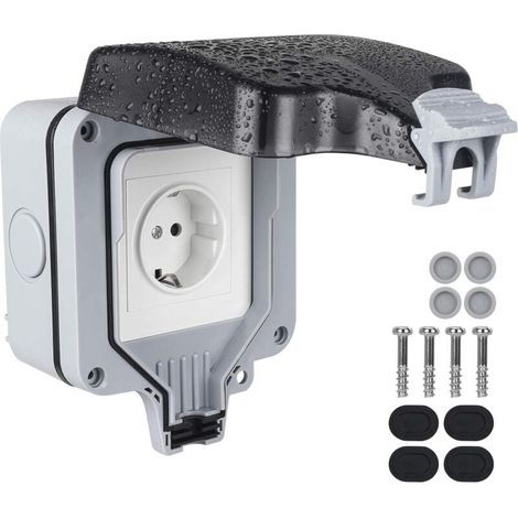 Prise Exterieure Etanche Ip66, prise murale pour usage extérieur, prise extérieure étanche, contact de protection en saillie Prise externe avec couvercle à charnière pour extérieur (1/4)