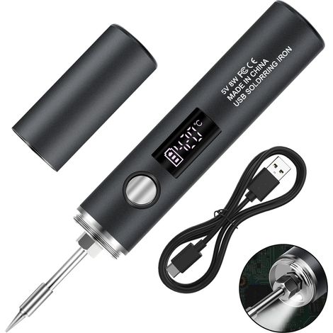 Batteriebetriebenes Lötkolben-Set, per USB wiederaufladbarer Lötkolben mit LCD-Display und Lichtmodus, 5 einstellbare Temperaturen 260℃-450℃, kompletter und sicherer professioneller Lötkolben – Schwar (1/5)