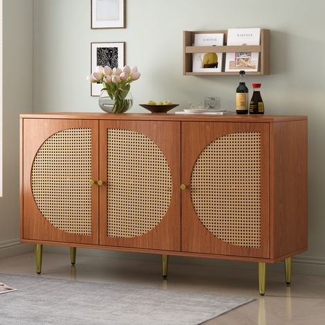 Aparador 129,8×40×76 cm de madera color nogal, 3 puertas, con gran almacenaje para salón -FLORAGRACE (1/5)