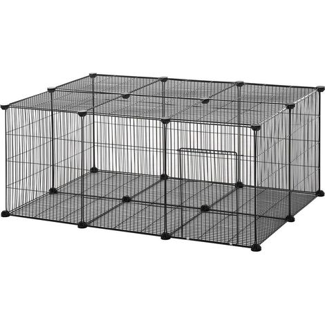 Pawhut Enclos modulable pour lapins et petits animaux, 22 panneaux métalliques avec porte, noir, 105 x 70 x 45cm (1/5)