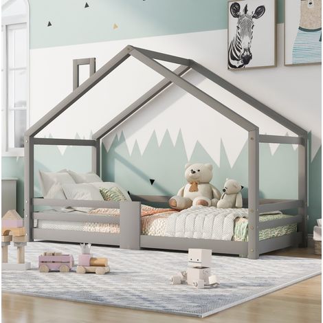 Kinderbett Hausbett Grau 90x200 cm aus Massivholz mit Rausfallschutz und 15 Latten (1/5)
