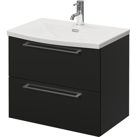 Napoli 390 Matt Black 600mm Wall Mounted 2 Drawer Vanity Unit with Arc Basin - 600mm - Chrome 320mm Handle