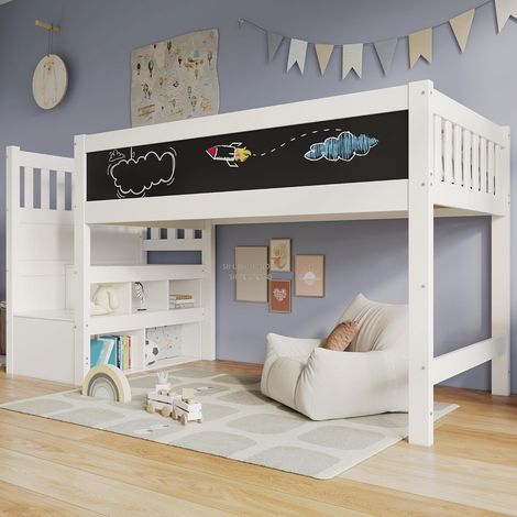 Letto a soppalco per bambini 90x200 cm con lavagna, cassetti e protezione anti caduta, colore bianco (1/5)