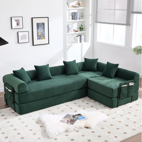 Canapé d’angle modulable en velours côtelé vert émeraude avec poche latérale, REDOM (1/5)