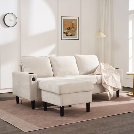 Canapé d'angle convertible 3 places avec accoudoirs rembourrés, ports USB et Type-C, porte-gobelets intégrés, idéal pour salon, appartement, espace détente et chambre – tissu beige, canapé-lit confort (1/5)