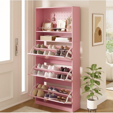 Scarpiera stretta 80x24x178,5 cm con 3 ante ribaltabili, nicchia aperta e contenitore, pannello legno - rosa (1/5)