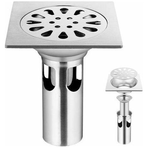 Scarico doccia quadrato CRUEL in acciaio inox, antiodore, grande diametro 10 x 10 cm