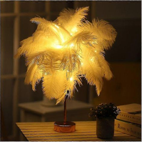 Lampe de table Feather avec télécommande USB, base or rose pour la maison (blanche) (1/2)