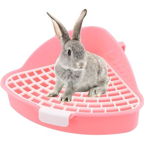Rabbit toilet, triangular toilet for small animals, removable corner rabbit toilet basket, rabbit potty with grid, toilet for guinea pigs, hamsters, chinchillas (pink)