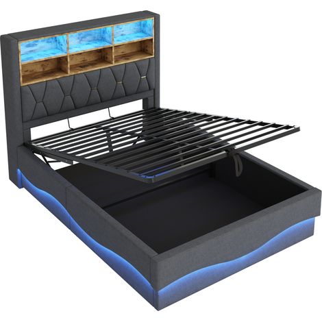 Cama tapizada 140 x 200 cm gris con almacenamiento hidráulico, LED, USB y somier metálico (1/5)