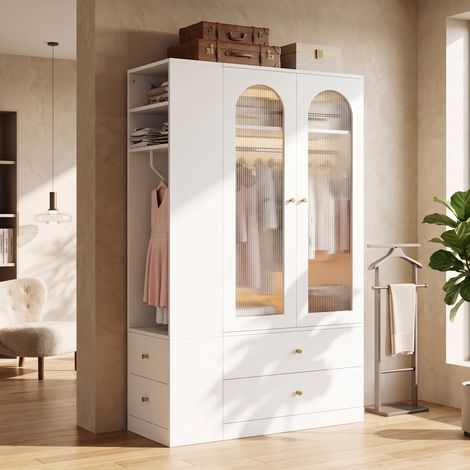Armoire Penderie Chambre Blanche 120x50x200cm, Dressing Moderne avec 2 Portes en Verre Cannelé, 4 Tiroirs et 2 Tringles pour Chambre, Bureau (1/5)