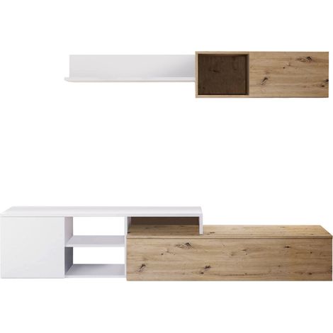 Parete attrezzata Miami, Mobile da soggiorno porta TV reversibile, Composizione per salotto con pensile e mensola, 220x40h44 cm, Rovere effetto nodi e Bianco (1/5)