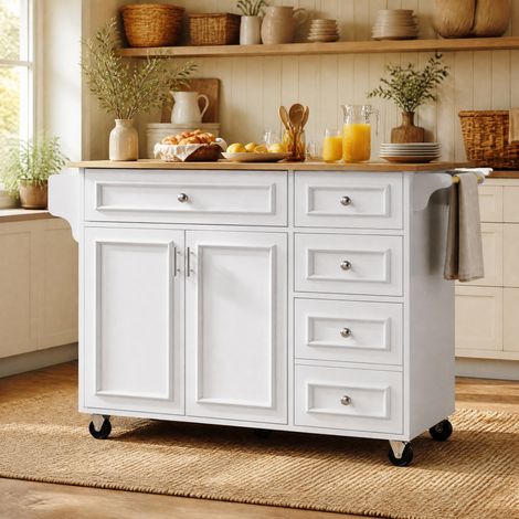 Isola da cucina pieghevole 110 x 45/75 x 92 cm con vani contenitori in MDF bianco HAVRYA (1/5)