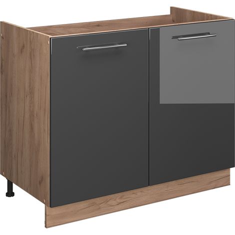 Mueble bajo para fregadero Fame-Line, Antracita alto brillo/Roble dorado, 100 cm sin encimera, Vicco (1/5)