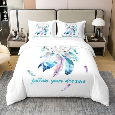 Parure de lit pour Filles Housse de Couette 240x260cm 100% Coton Attrapeur de rêves Parure de lit pour Adolescentes Femme Aquarelle Plume Attrapeur de rêves Literie légère Respirante - 260 x 240 cm + (1/5)