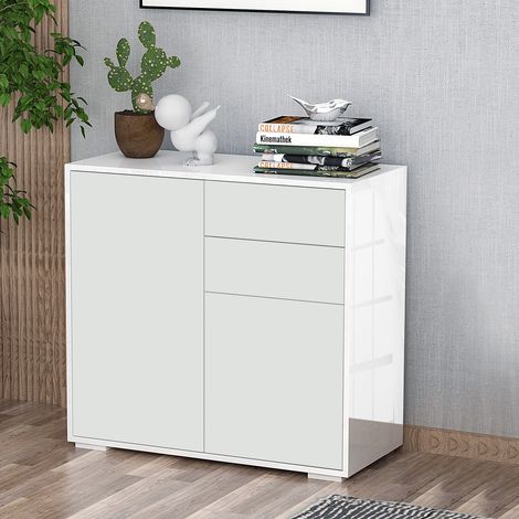 HOMCOM Meuble de rangement buffet commode armoire de rangement avec 2 tiroirs et 2 placards à portes, étagères réglables, pour salon, cuisine, chambre, 79 x 36 x 74 cm blanc