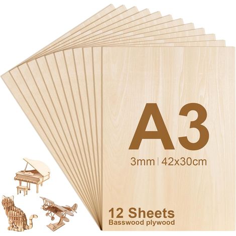 12 Pièces A3 Contreplaqué 3mm, Feuilles de bois de tilleul 42 x 30cm, Feuilles de bois minces pour modélisme, gravure, découpe laser et pyrogravure (1/5)