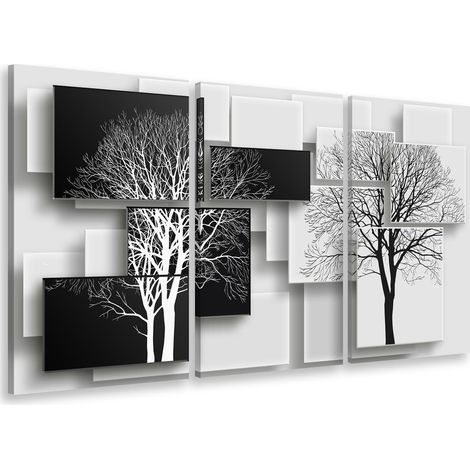 Tableau triptyque graphique arbres noir et blanc – Impression UVgel – Toile coton/polyester 90x60 cm – Finition mat premium – Hxadeco
