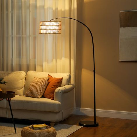 Lampadaire sur pied noir, abat-jour en lin, douille E27, interrupteur à pédale, hauteur ajustable, design arc pour salon ou chambre, sans ampoule