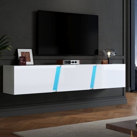 Meuble TV blanc brillant, 180 x 35 x 30 cm, mural, meuble bas avec éclairage LED, design à trois portes, pour TV 75'' (1/5)