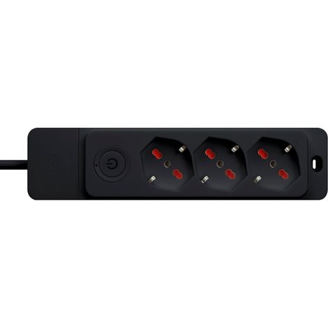 Multipresa con spina 16A piegata a 90°, 3 prese bipasso/schuko 10A/16A, cavo 1,5 metri, con interruttore, nero, serie Emilia Specialist - Rosi RS8322B