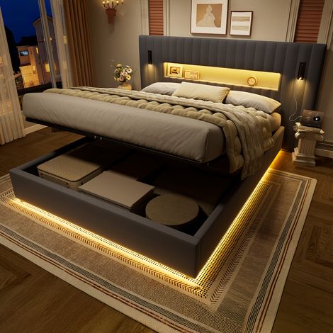 Lit 180/200 cm in velluto con vano idraulico, luci da lettura e USB (1/5)
