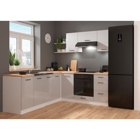 Pegane – Cuisine complète d'angle 200x220 cm – Meubles modulables gris clair brillant et blanc – Armoires basses et hautes – Éclairage LED inclus (1/3)