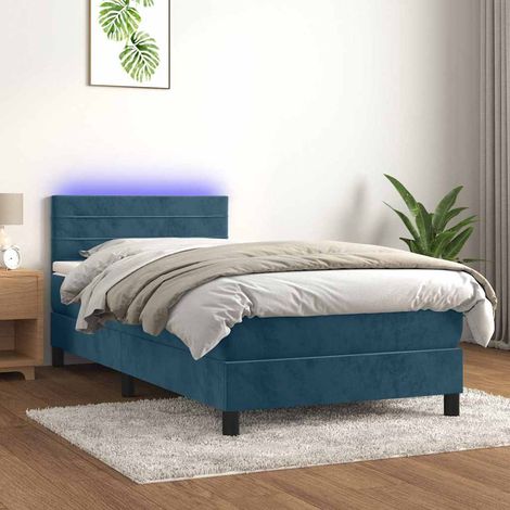 Cama box spring colchón y LED terciopelo azul oscuro 90x190 cm (1/5)