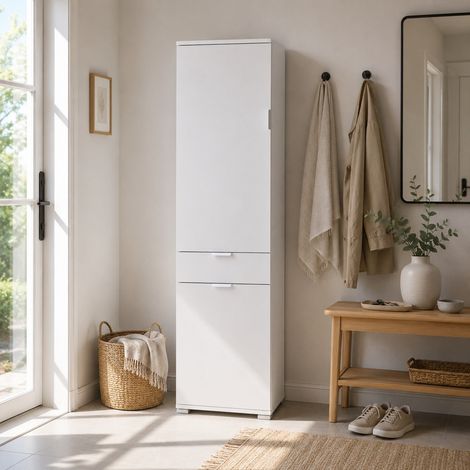 The White Stone Armoire Colonne 2 Portes et Tiroir Blanche déjà Montée - Meuble Multi-Usage Gain de Place avec Étagères Réglables - Armoire Haute Salle de Bain, Cuisine et Buanderie (1/5)
