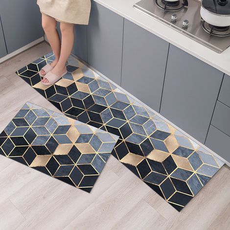 Küchenmatten-Set, 2 Stück, geometrische Streifen, Marmor, rutschfeste Küchenmatten, wasserabsorbierend und ölabweisend, 40 x 60 cm + 40 x 120 cm