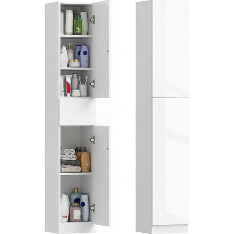 2 placards et 1 tiroir - colonne de salle de bain 30x28x170 cm, rangement gain de place, blanc brillant (1/5)