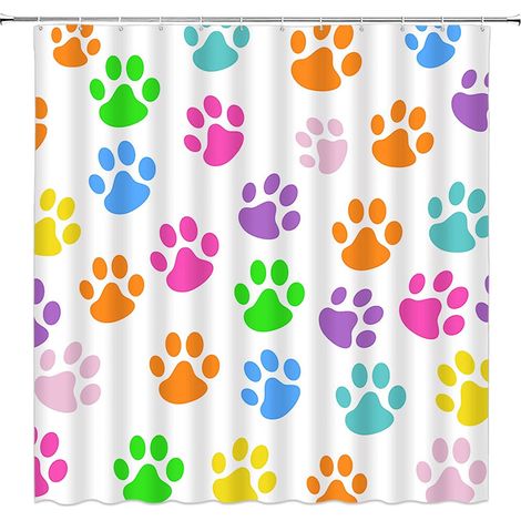 Bunter Duschvorhang mit Pfotenabdrücken – Hunde- und Katzenpfotenabdrücke, niedliches Cartoon-Tierdesign, modernes Badezimmer-Dekor-Set, mit Haken (70 Zoll x 84 Zoll)