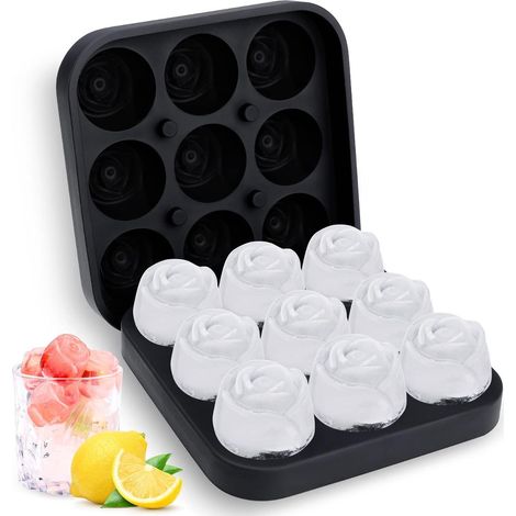Moule à glaçons en silicone avec couvercle, 9 cavités rose, bac à glace souple, démoulage facile, pour whisky, cocktails et vin, noir (1/5)