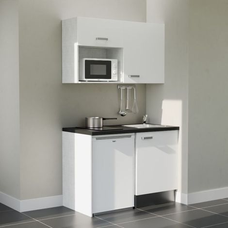 Kochnischen K07L-PT - 120 cm - Laminatplan, spüle Edelstahl, - Weiße Front - strukturierte schwarze Arbeitsplatte - Kredenzen nein + Haushaltsgeräte weiß (1/4)